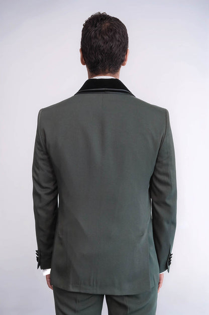 KOALA SYDNEY  3 Piece Trim Detailed Self-Patterned Velvet Shawl Collar Khaki Men's Tuxedo