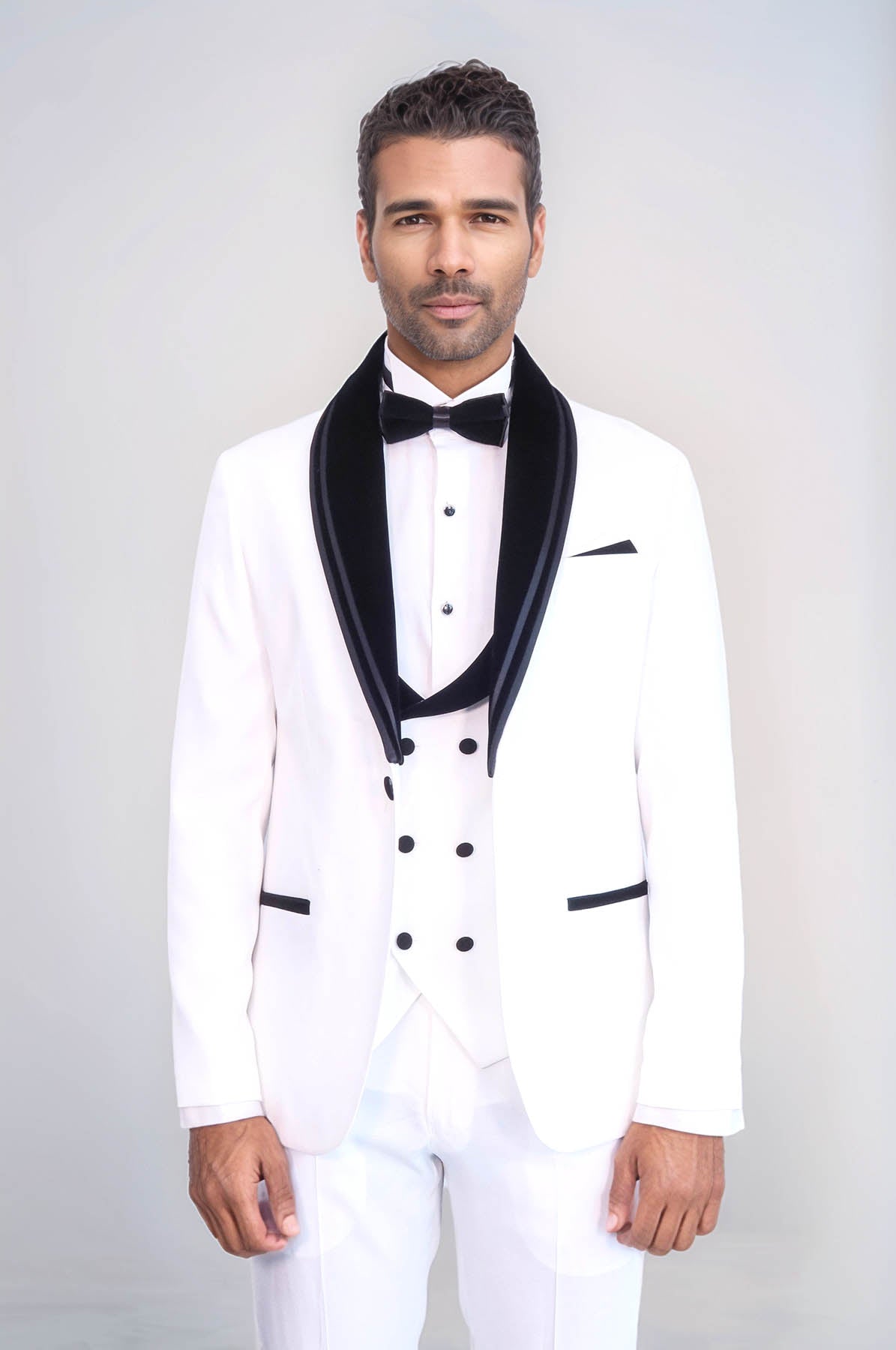 3 Piece Trim Detailed Self-Patterned Velvet Shawl Collar White Men's Tuxedo