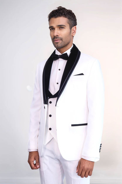 3 Piece Trim Detailed Self-Patterned Velvet Shawl Collar White Men's Tuxedo