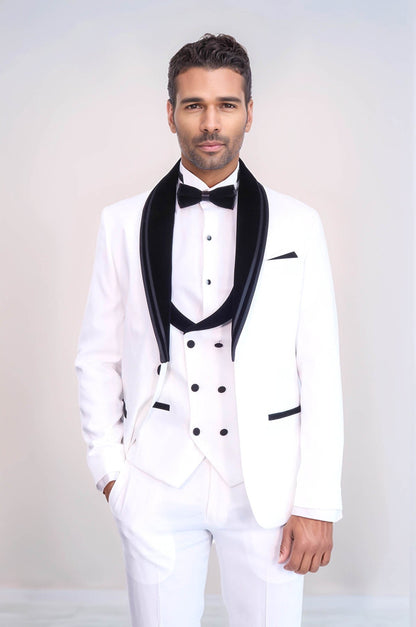 3 Piece Trim Detailed Self-Patterned Velvet Shawl Collar White Men's Tuxedo
