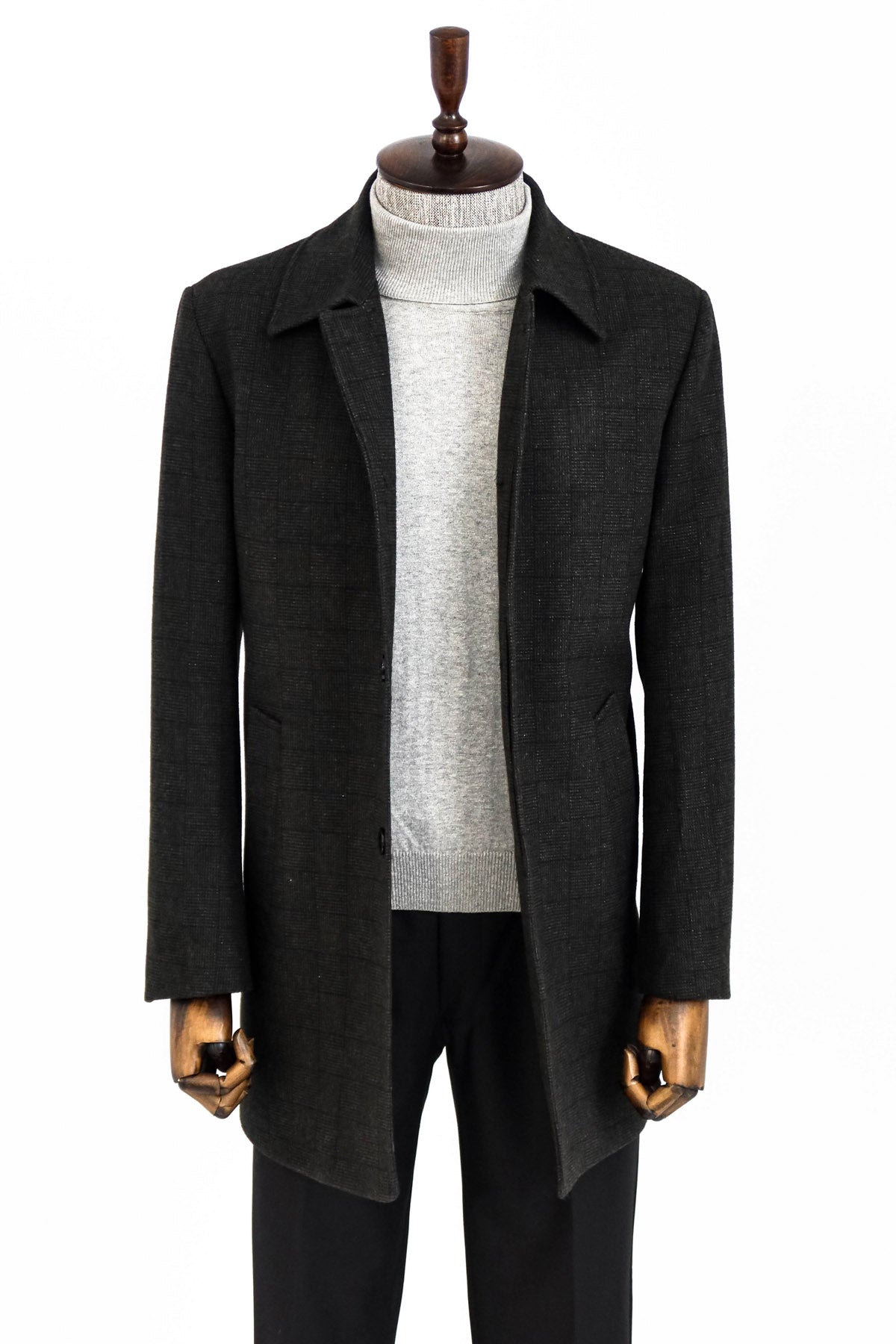 Black Hidden Button Peak Lapel Coat