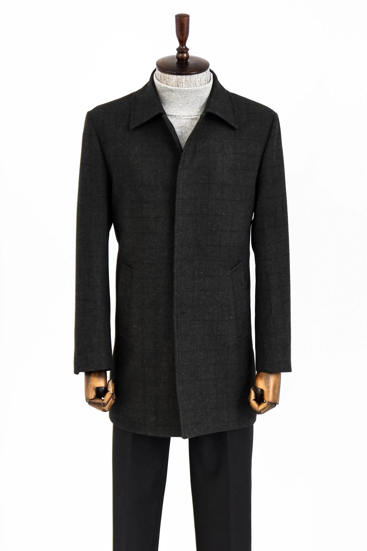 Black Hidden Button Peak Lapel Coat