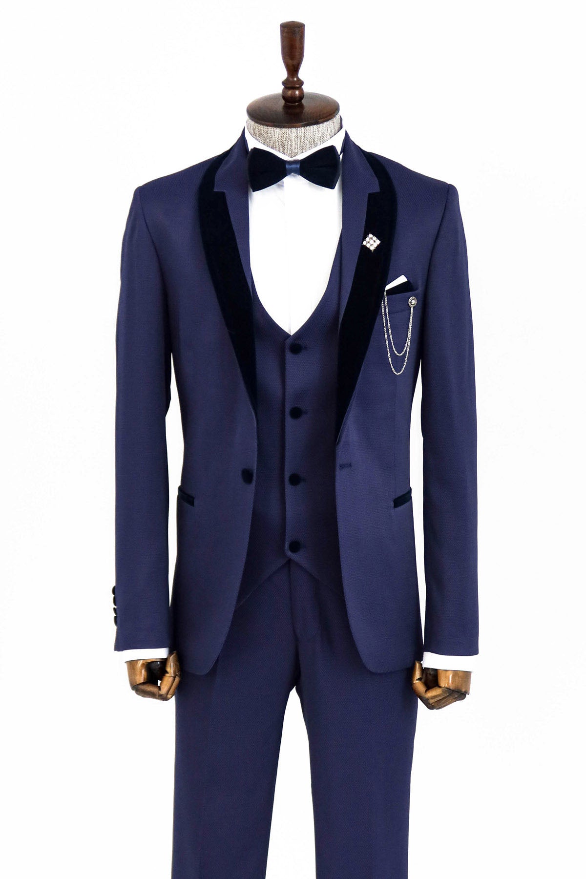 Patterned Navy Blue Velvet Lapel Tuxedo -