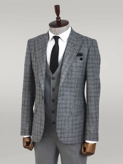 Checked Vested Grey Men Suit -