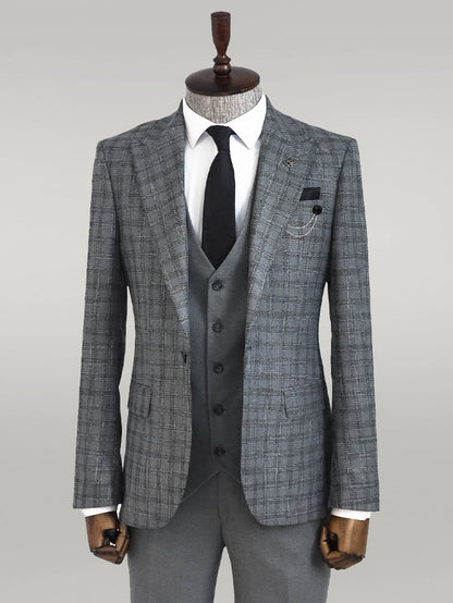 Checked Vested Grey Men Suit -