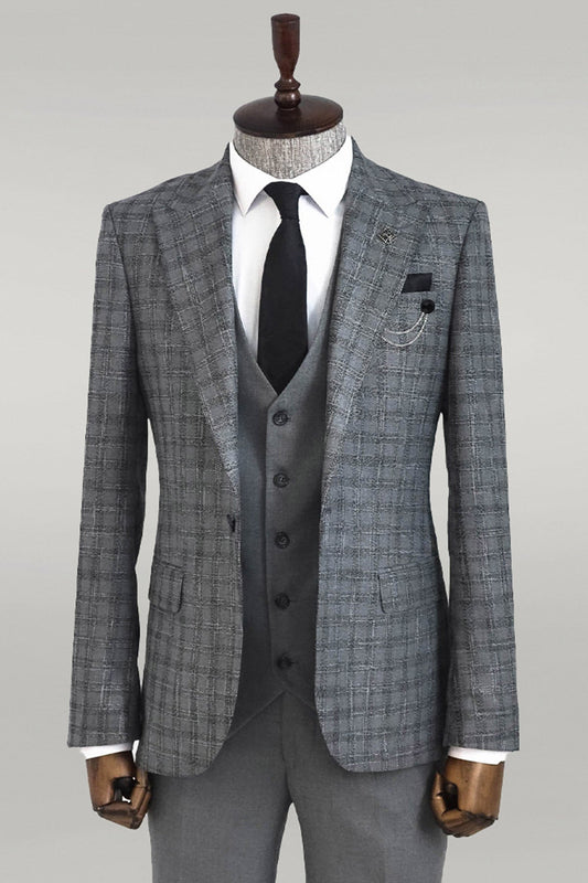 Checked Vested Grey Men Suit -