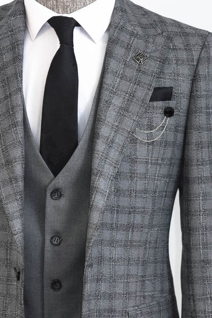 Checked Vested Grey Men Suit -