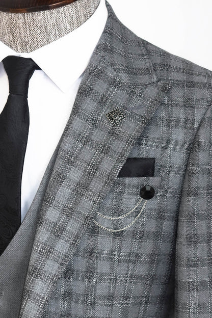Checked Vested Grey Men Suit -
