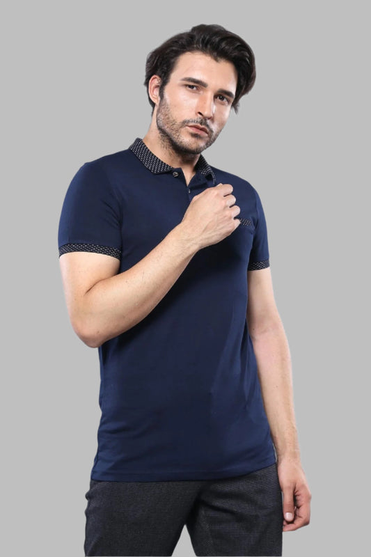 Short Sleeves Neck Patterned Navy Blue Men Polo Shirt