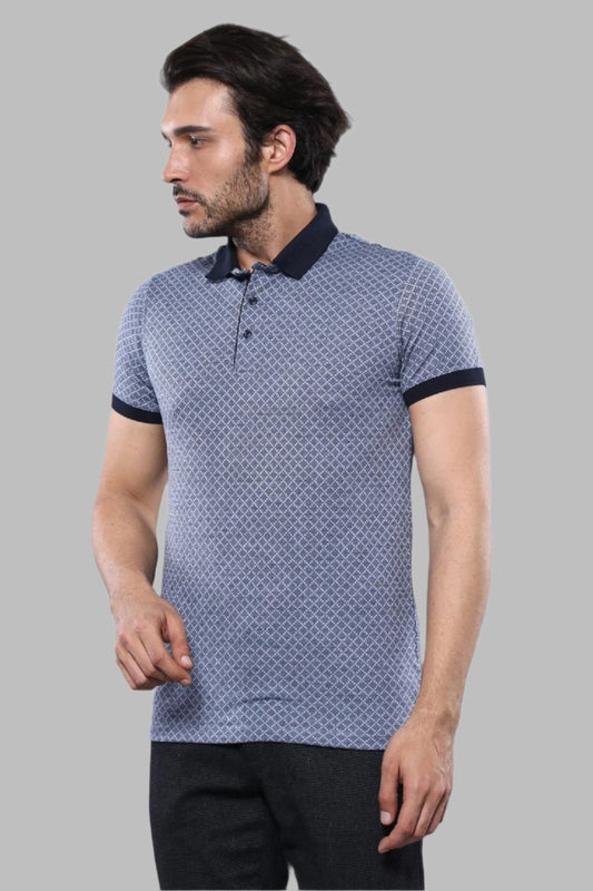 Blue Patterned Polo Men T-Shirt