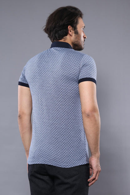 Blue Patterned Polo Men T-Shirt