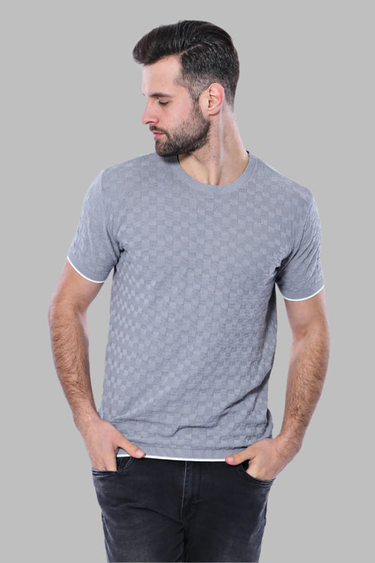 Grey Patterned Tricot Knitted T-Shirt - Wessi