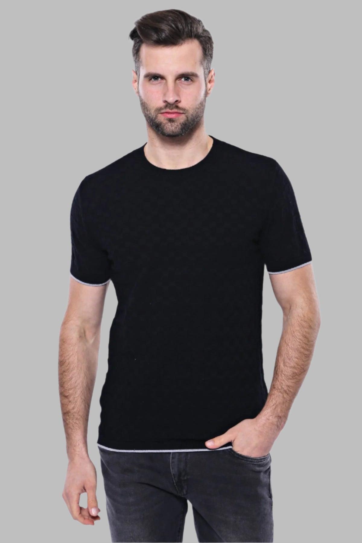Patterned Tricot Knitted Black Men T-Shirt - Wessi