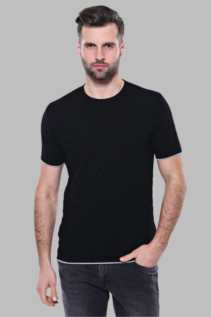 Patterned Tricot Knitted Black Men T-Shirt - Wessi