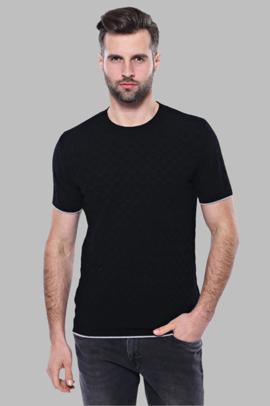 Patterned Tricot Knitted Black Men T-Shirt - Wessi