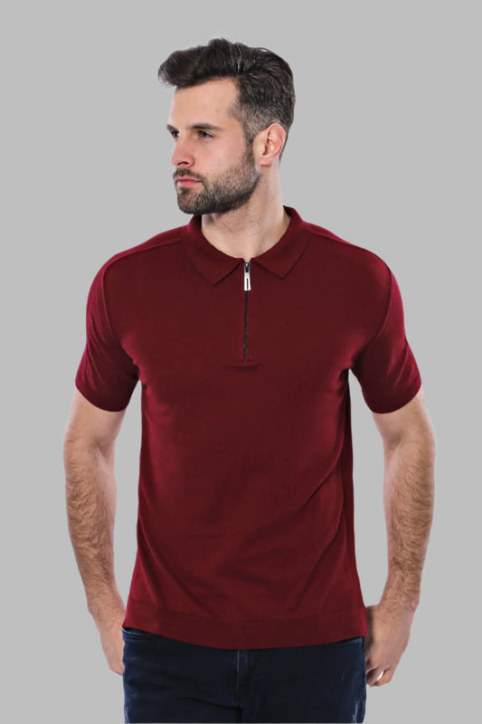 Polo Neck Plain Claret Red Knitted T-Shirt - Wessi
