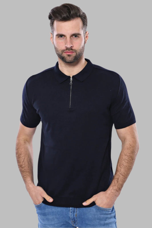 Polo Neck Plain Navy Knitted Blue Men T-Shirt - Wessi
