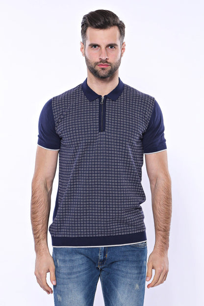 Navy Plaid Zippered Knitted Polo T-Shirt