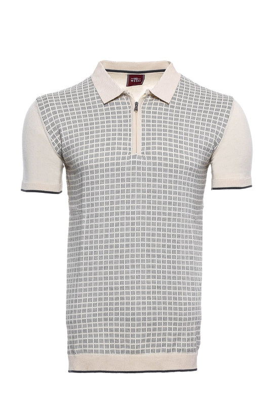 KOALA SYDNEY  Cream Plaid Zippered Polo Knitted T-Shirt |