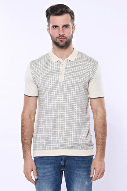 Cream Plaid Zippered Polo Knitted T-Shirt