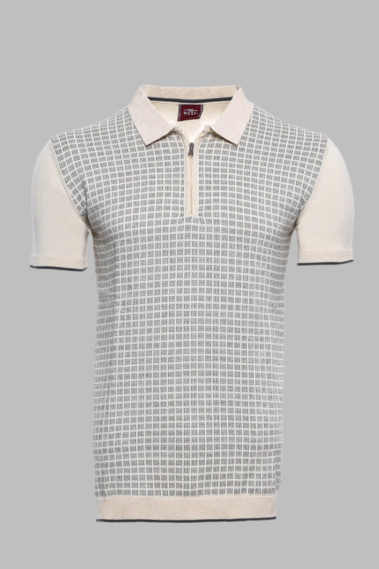 Cream Plaid Zippered Polo Knitted T-Shirt