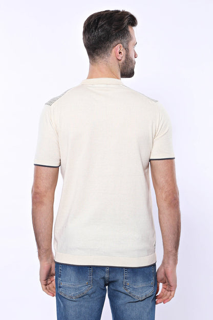Cream Plaid Zippered Polo Knitted T-Shirt