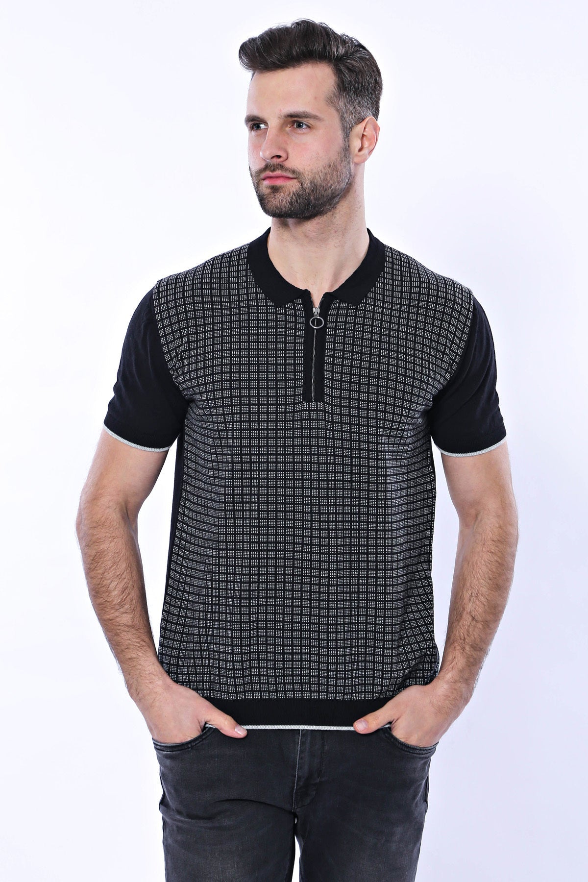 Black Plaid Zippered Polo Knitted T-Shirt