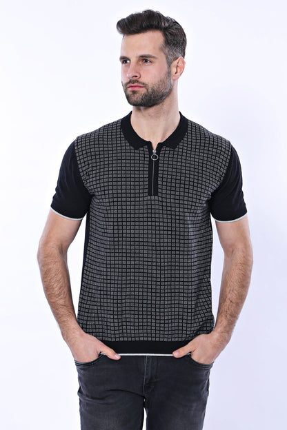 Black Plaid Zippered Polo Knitted T-Shirt