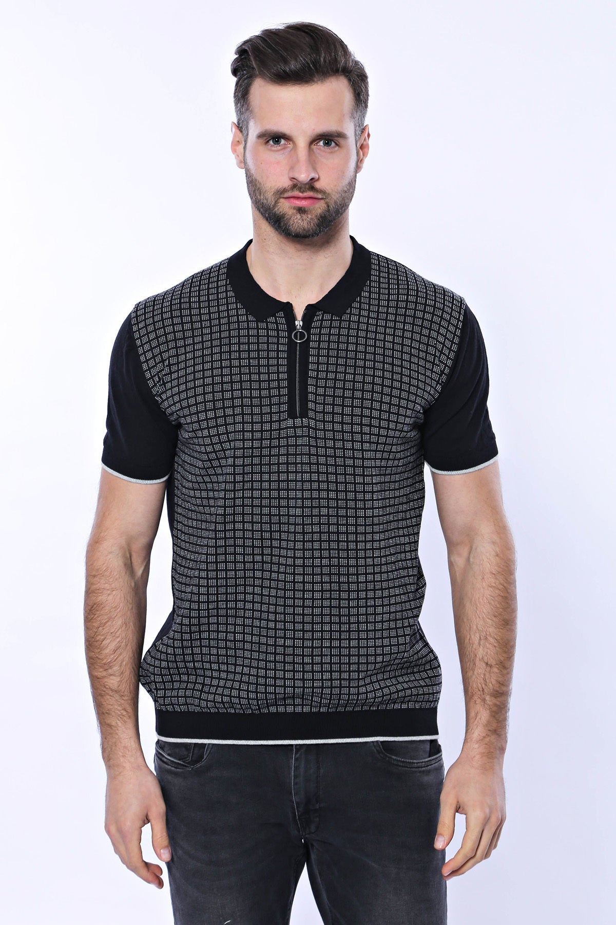 Black Plaid Zippered Polo Knitted T-Shirt