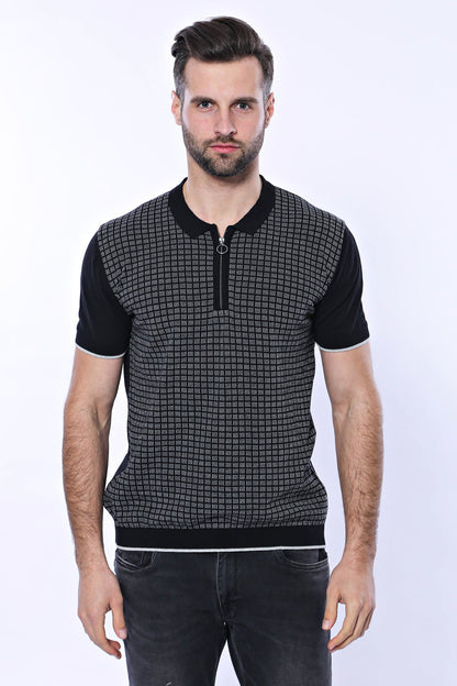 Black Plaid Zippered Polo Knitted T-Shirt