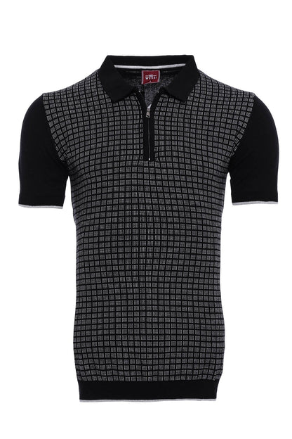 Black Plaid Zippered Polo Knitted T-Shirt
