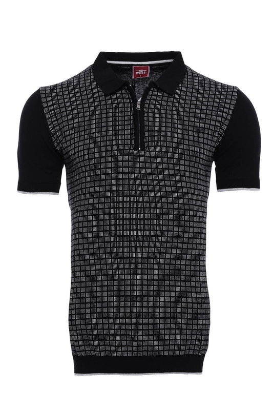 KOALA SYDNEY  Black Plaid Zippered Polo Knitted T-Shirt |