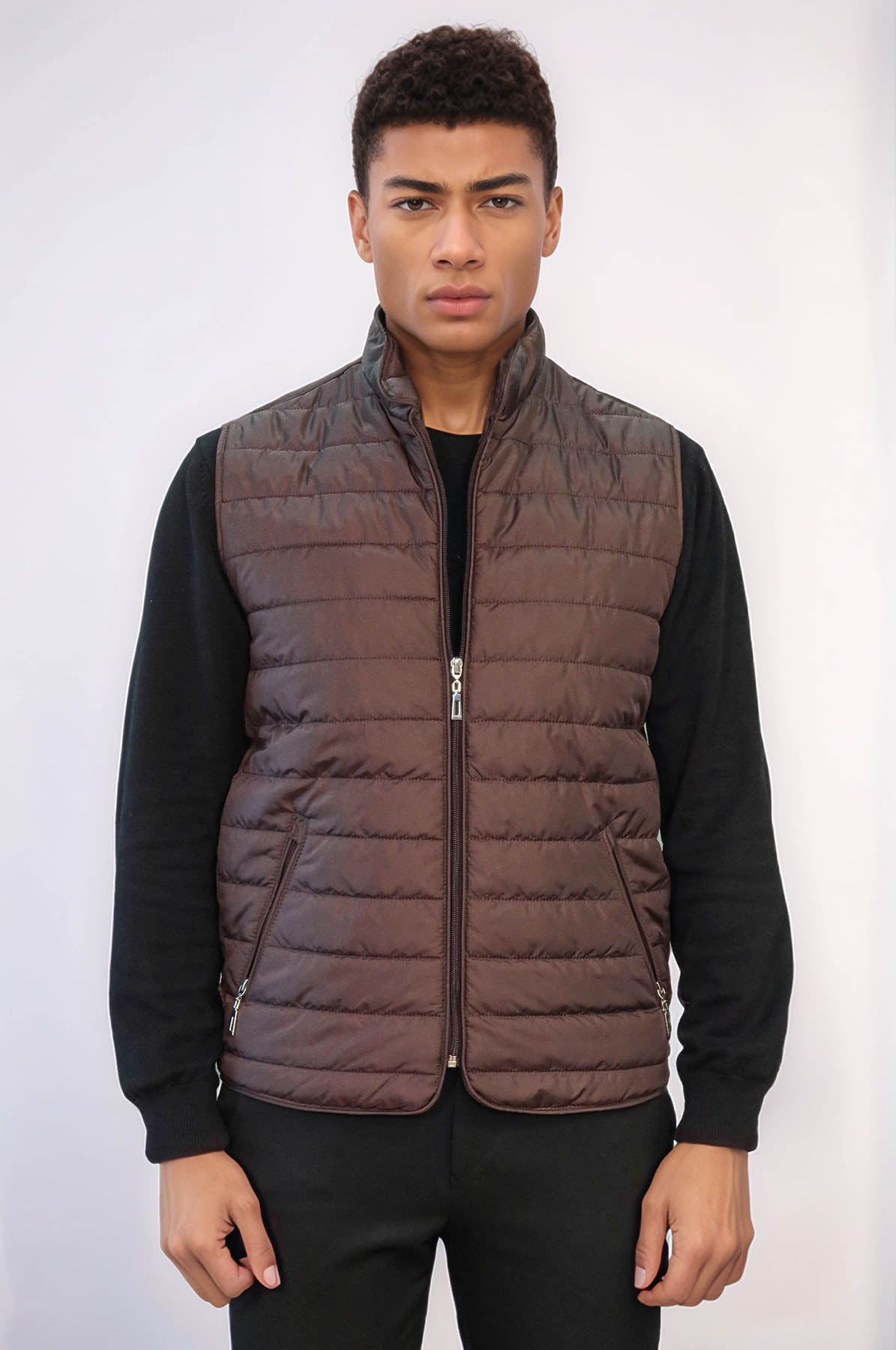 Quilted Sleeveless Brown Men Down Vest - Wessi