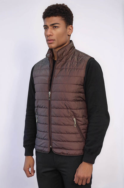 Quilted Sleeveless Brown Men Down Vest - Wessi