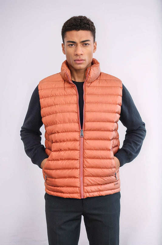 Quilted Zippered Orange Men Down Vest - Wessi
