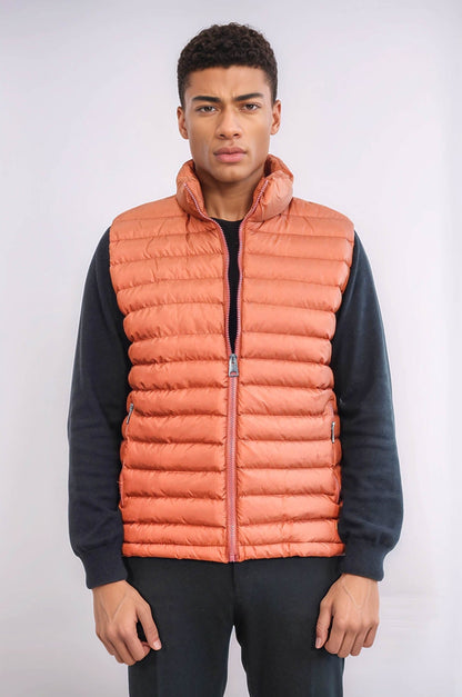 Quilted Zippered Orange Men Down Vest - Wessi