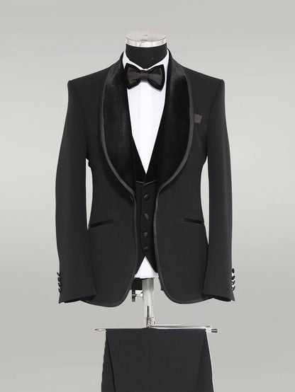 KOALA SYDNEY Plain 3-Piece Velvet Shawl Lapel Elegant Black Men Tuxedo with Bow Tie