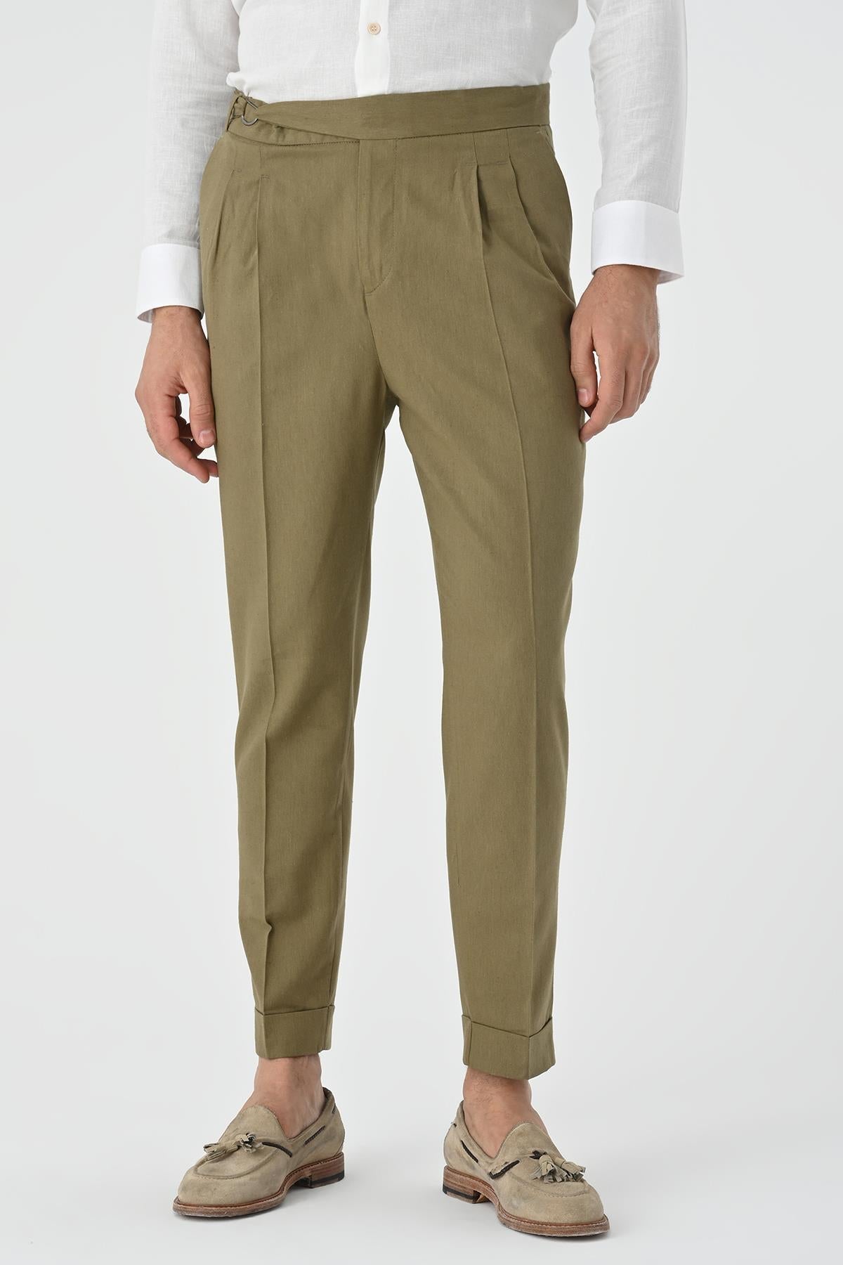 Men's Light Khaki High-Waist Linen Blend Pleated Pants