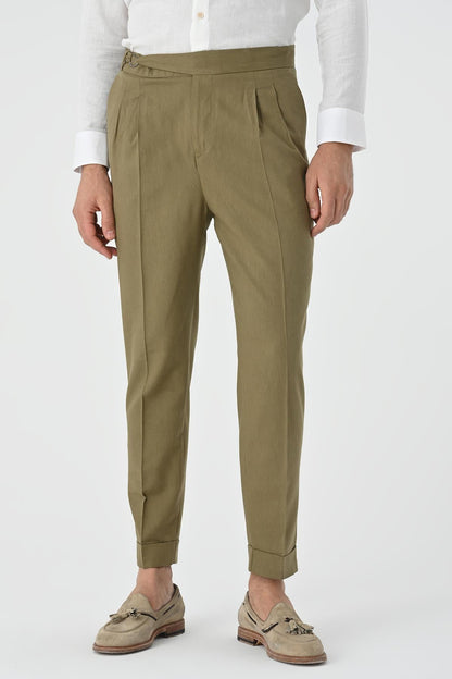 Men's Light Khaki High-Waist Linen Blend Pleated Pants