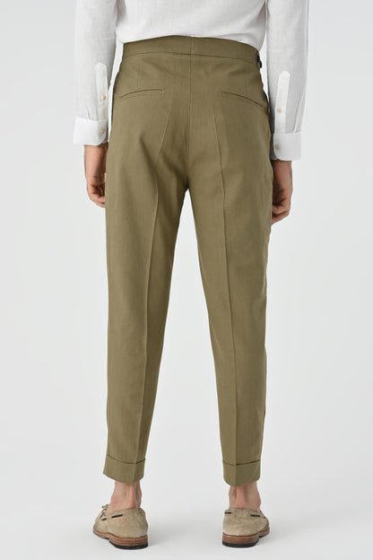 Men's Light Khaki High-Waist Linen Blend Pleated Pants