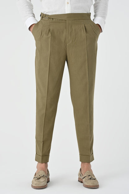 Men's Light Khaki High-Waist Linen Blend Pleated Pants