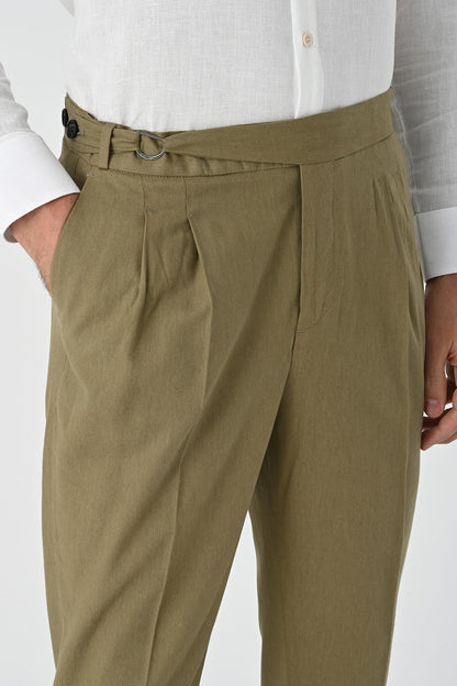 Men's Light Khaki High-Waist Linen Blend Pleated Pants