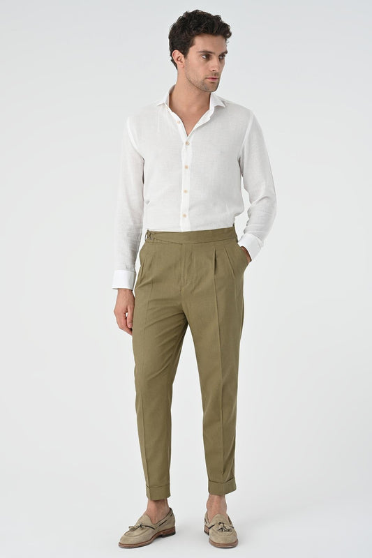 Men's Light Khaki High-Waist Linen Blend Pleated Pants