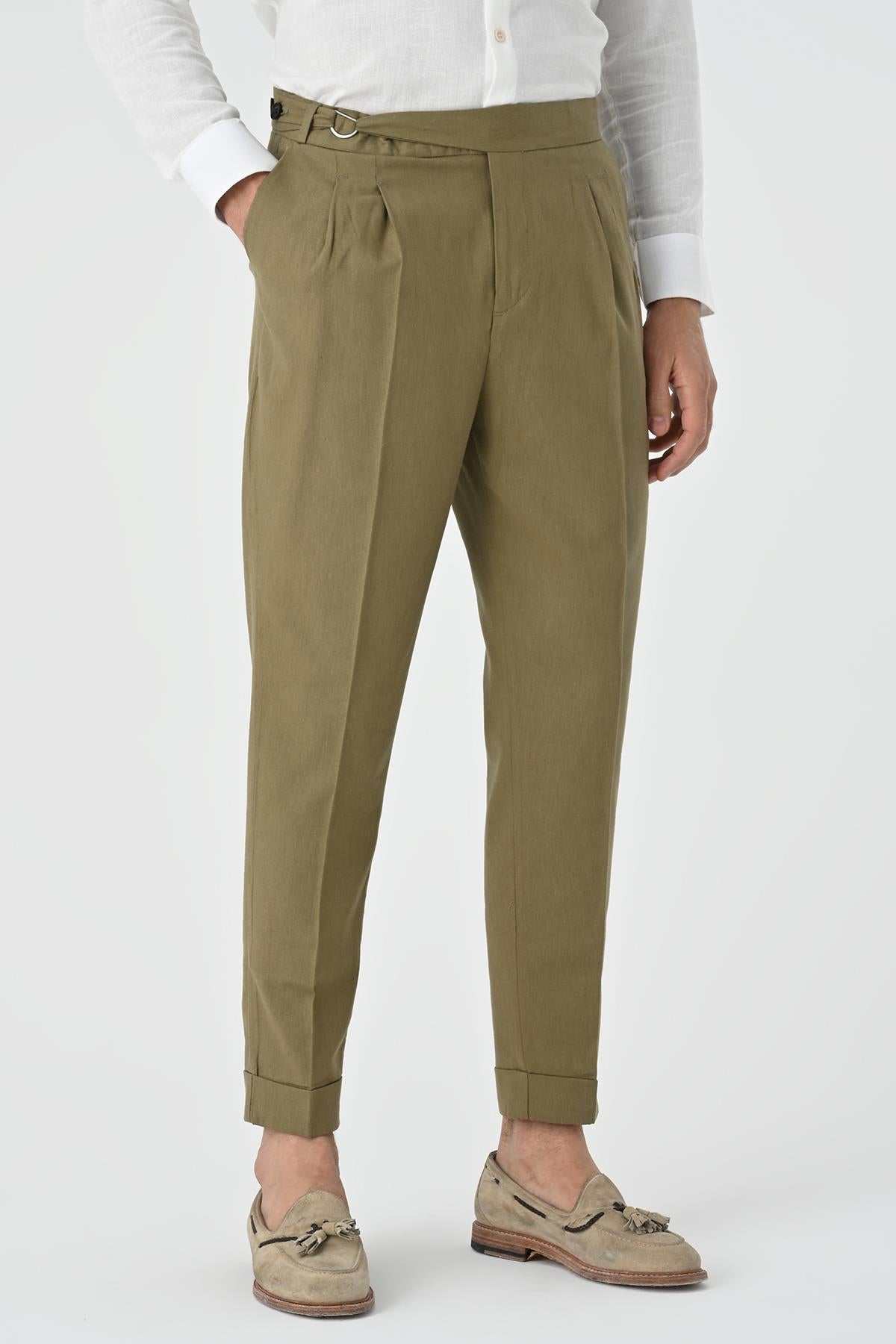 Men's Light Khaki High-Waist Linen Blend Pleated Pants