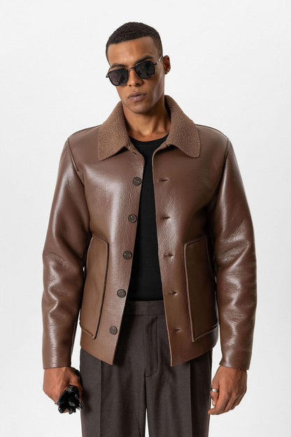 Light Brown Lined Faux Leather Men's Jacket