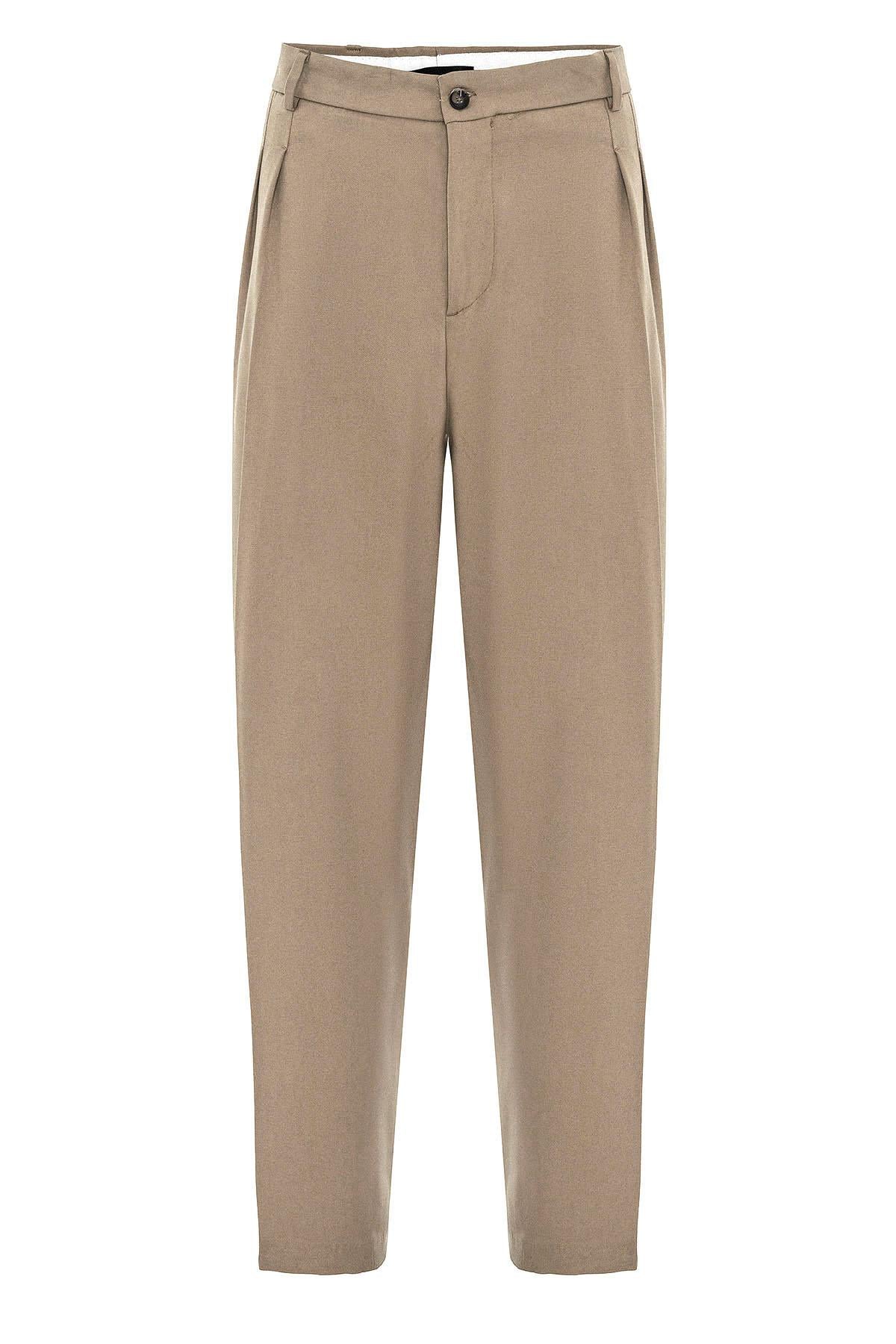 Men's Light Brown High-Waist Pleated Relaxed Fit Pants