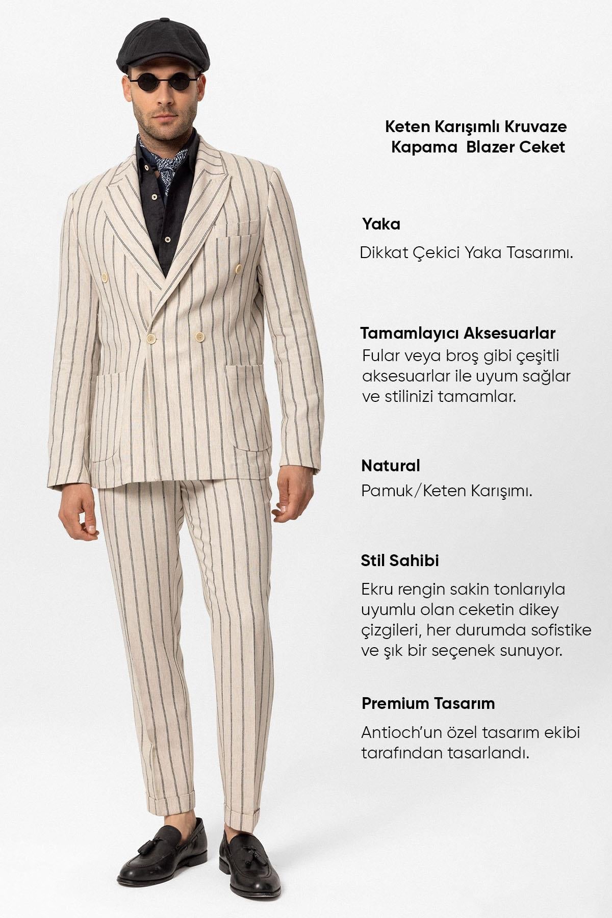 KOALA SYDNEY Men's Ecru-Black Linen Blend Double-Breasted Jacket