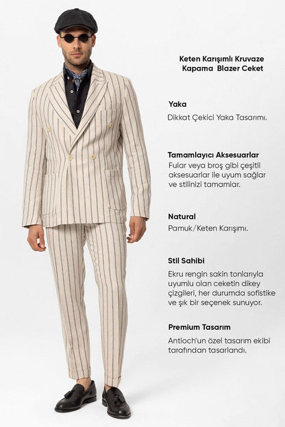 KOALA SYDNEY Men's Ecru-Black Linen Blend Double-Breasted Jacket