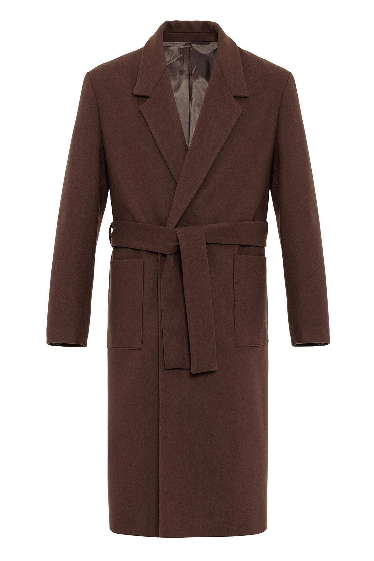 Brown Belted Bag Pocketed Men's Coat