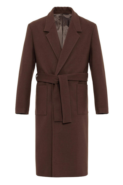 Brown Belted Bag Pocketed Men's Coat